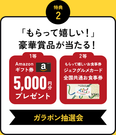 特典2 「もらって嬉しい！」 豪華賞品が当たる！ 1等 Amazon ギフト券 5,000円分プレゼント 2等 もらって嬉しいお食事券 ジェフグルメカード 全国共通お食事券 ガラポン抽選会