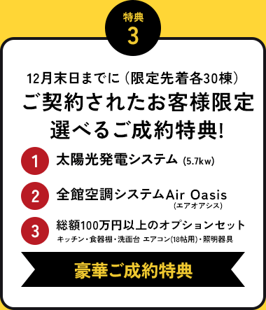 特典3 12月末日までに（限定先着各30棟） ご契約されたお客様限定 選べるご成約特典! 1 太陽光発電システム (5.7kw) 2 全館空調システムAir Oasis 3 総額100万円以上のオプションセット キッチン・食器棚・洗面台 エアコン(18帖用)・照明器具 豪華ご成約特典